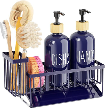 Cisily Navy Blue Kitchen Dish Soap Dispenser, 16 fl Oz Dual Kitchen Soap Dispensers with Sponge Holder, Customized Stainless Steel Kitchen Soap Dispenser Set, Modern Hand and Dish Soap Bottle Set - Image 9