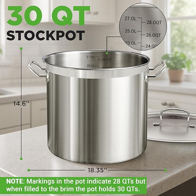 Stainless Steel Cookware Stockpot, 30 Quart Heavy Duty Induction Soup Pot With Stainless Steel Lid And Strong Riveted Handles, Even Heat Distribution, Compatible With Most Cooktops