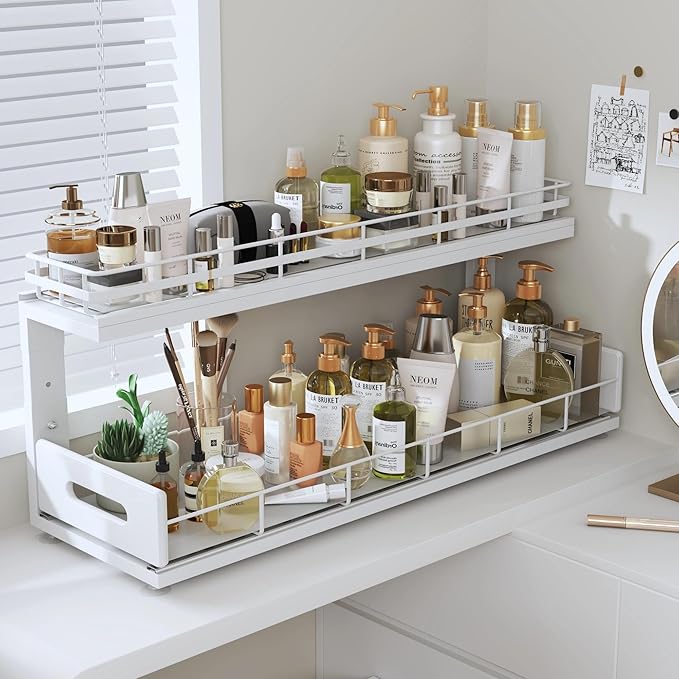 Under Sink Organizer Upgrade To Professional Rails,2-Tier Dual Pull Out Cabinet Storage,Height Adjustable Slide Out Drawers For Bathroom Kitchen,1 Pack-21"Dx12.8"-16.9"H,White - Image 9