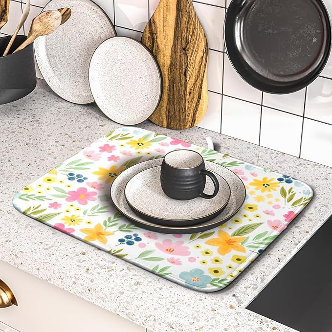 Spring Dish Drying Mat for Kitchen Counter Cute Floral Summer Holiday Microfiber Absorbent Dish Draining Reusable Washable Foldable 16"x18" - Image 5
