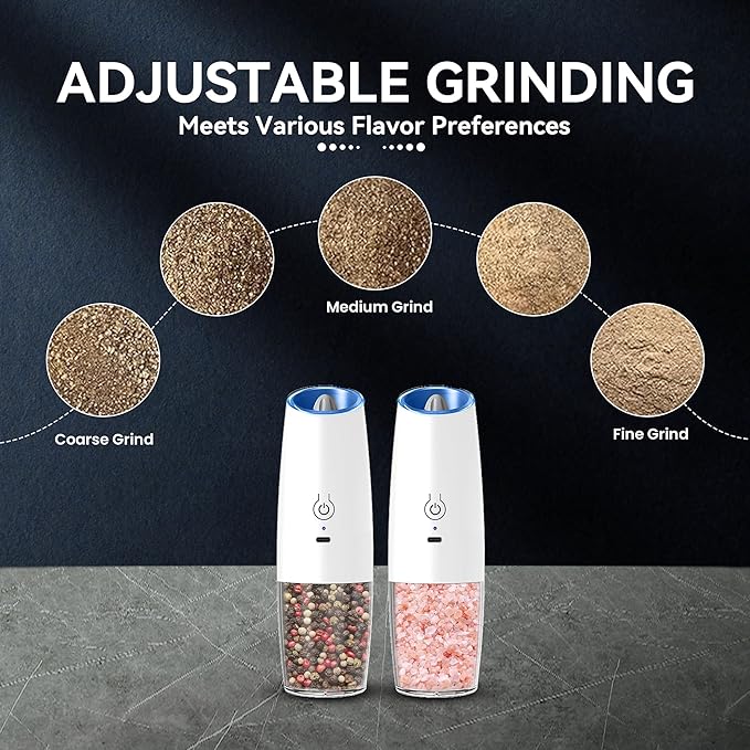 UNNEES Rechargeable Electric Salt and Pepper Grinder set of 2, gravity electric salt and pepper grinder set, Adjustable Roughness, LED Light, 2 Pack, (White) - Image 4