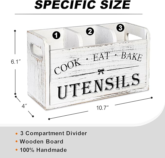 Wooden Kitchen Utensil Holder with 3 Compartments, Utensil Storage Organizer for Kitchen Counter, Farmhouse Decor & Rustic Cooking Tools Storage(White) - Image 2