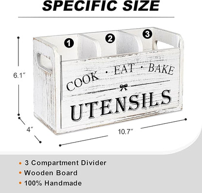 Wooden Kitchen Utensil Holder with 3 Compartments, Utensil Storage Organizer for Kitchen Counter, Farmhouse Decor & Rustic Cooking Tools Storage(White) - Image 2
