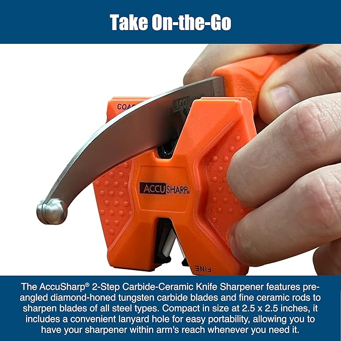 AccuSharp Pull Through Knife Sharpener Keychain, 2-Stage Sharpener for Straight or Serrated Kitchen Knives, Handheld Tool for Fishing & Hunting, Orange - Image 3