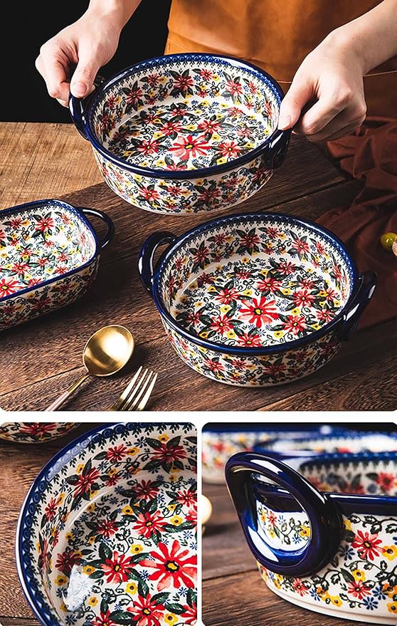 Red Daisy Flower Vintage Style Ceramic Bakeware Casserole Dish Baking Pan Lasagna Pans Baking Dish with Handles for Oven/Cooking/Kitchen-1 PCS, 32 OZ - Image 6
