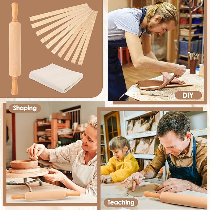 12 Pcs Pottery Tools Set, Include17in Slab Roller for Clay Pottery and 10 Pcs 5 Size Wooden Rolling Pin Guides, 1 Linen Tablecloth for Ceramic Clay Making - Image 7