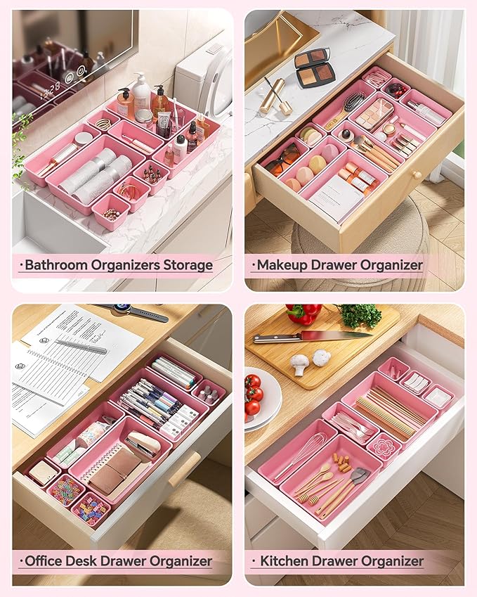 KEMETHY 25 PCS Plastic Drawer Organizers Set, 4 Sizes Vanity Organizer, Makeup and Desk Drawer Organizer Trays, Organization and Storage for Makeup, Bathroom, Kitchen Utensils and Office (Pink) - Image 4