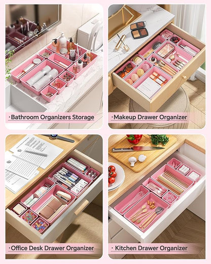 KEMETHY 25 PCS Plastic Drawer Organizers Set, 4 Sizes Vanity Organizer, Makeup and Desk Drawer Organizer Trays, Organization and Storage for Makeup, Bathroom, Kitchen Utensils and Office (Pink) - Image 4