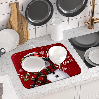 Christmas Dish Drying Mat for Kitchen Counter Snowman Let It Snow Microfiber Absorbent Dish Draining Reusable Washable Foldable 16"x18" - Image 6