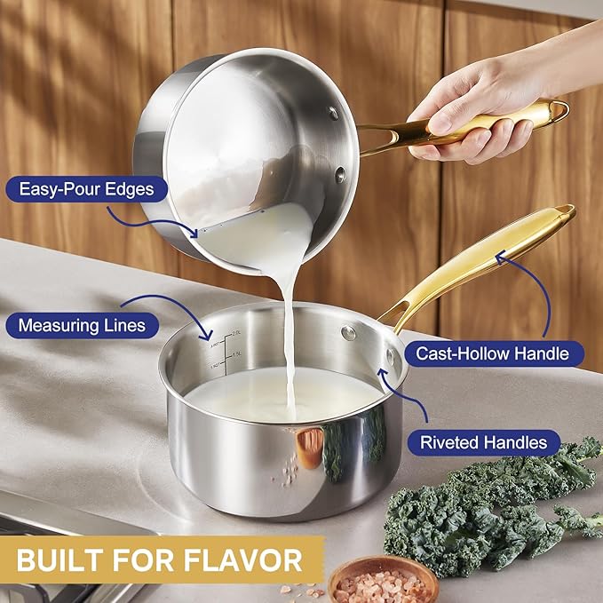 Triple Ply Stainless Steel Pots and Pans Set, EWFEN 12 Piece Induction Cookware Set, Oven Dishwasher Safe | Frying Pans, Saucepans, Saute Pan & Stock Pot, PFOA Free Kitchen Skillet, Gold - Image 5