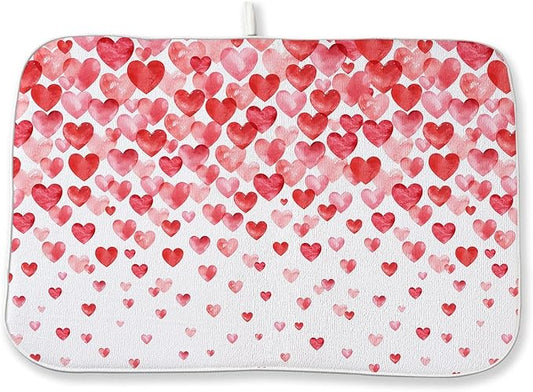 Valentines Dish Drying Mat 18x24 Inch Watercolor Red Pink Love Hearts Drying Mat Anniversary Day Holiday Absorbent Dish Drying Pad Dish Rack Drainer Mats for Kitchen Dining Counter