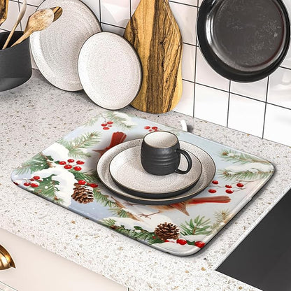 Winter Cardinal Bird Dish Drying Mat for Kitchen Counter 16x18 Christmas Snow Scene Theme Seasonal Absorbent Reversible Microfiber Drying Mats Kitchen Countertop Protector Dishes Drainer Pad - Image 5