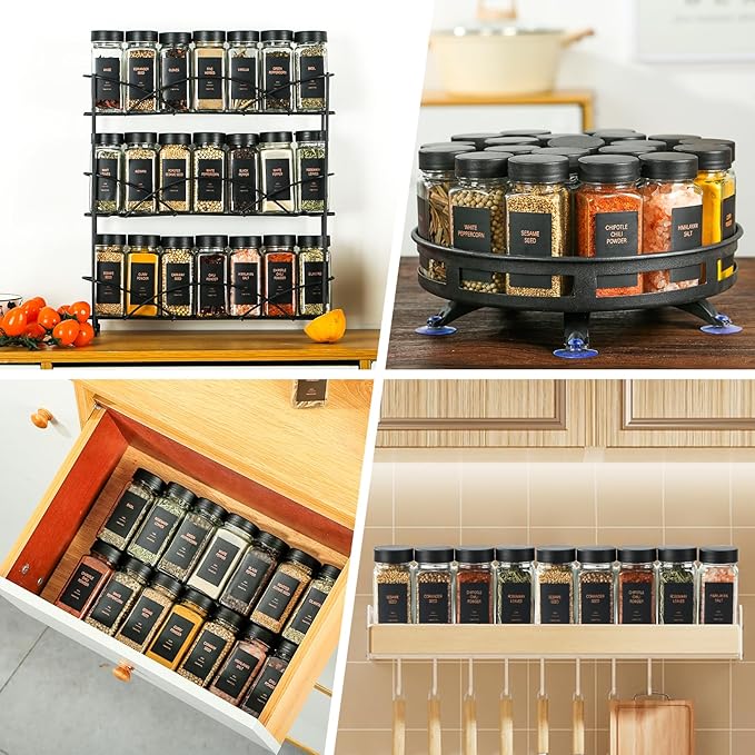 Spice Jars with Label，4oz Glass Spice Bottles With Shaker Lids，Seasoning Containers with Funnel, Chalk Pen for Cabinet，Drawer，Rack (Black, 24) - Image 7