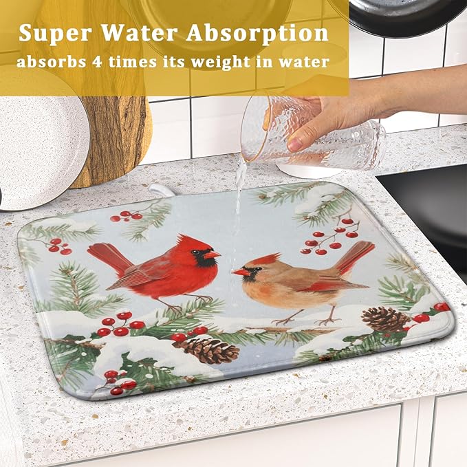 Winter Cardinal Bird Dish Drying Mat for Kitchen Counter 16x18 Christmas Snow Scene Theme Seasonal Absorbent Reversible Microfiber Drying Mats Kitchen Countertop Protector Dishes Drainer Pad - Image 7