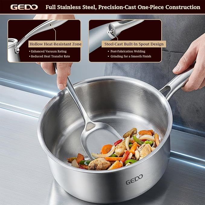 GEDO 3-Ply 304 Stainless Steel Saucepan with Lid, One-Piece Rivet-Free & Seamless Design, Angled Spout & Heat-Resistant Handle, Universal Stovetop Compatible for Indoor Cooking (7 In / 18cm Size) - Image 7