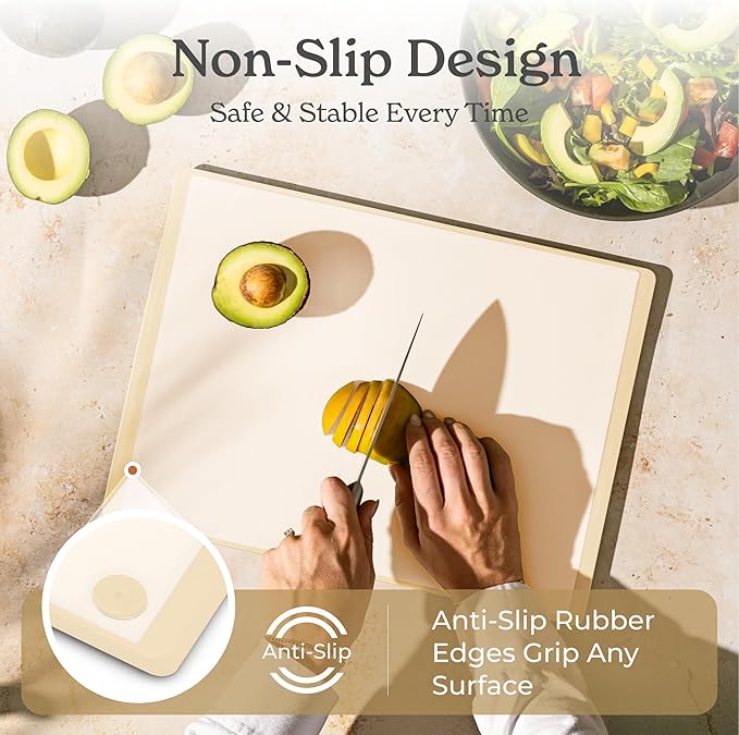 SMIRLY Plastic Cutting Board Set with Holder 3 Pieces, Non-Slip Dishwasher Safe Chopping Boards for Kitchen, Cream White - Image 3