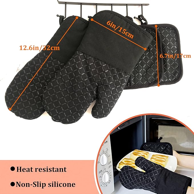 4 Pcs Oven Mitts and Pot Holders,Oven Glove High Heat Resistant 500 Degree,Long Oven Mitts with Recycled Cotton Infill and Silicone Non-Slip Surface for Baking,Kitchen,Cooking(Black) - Image 2