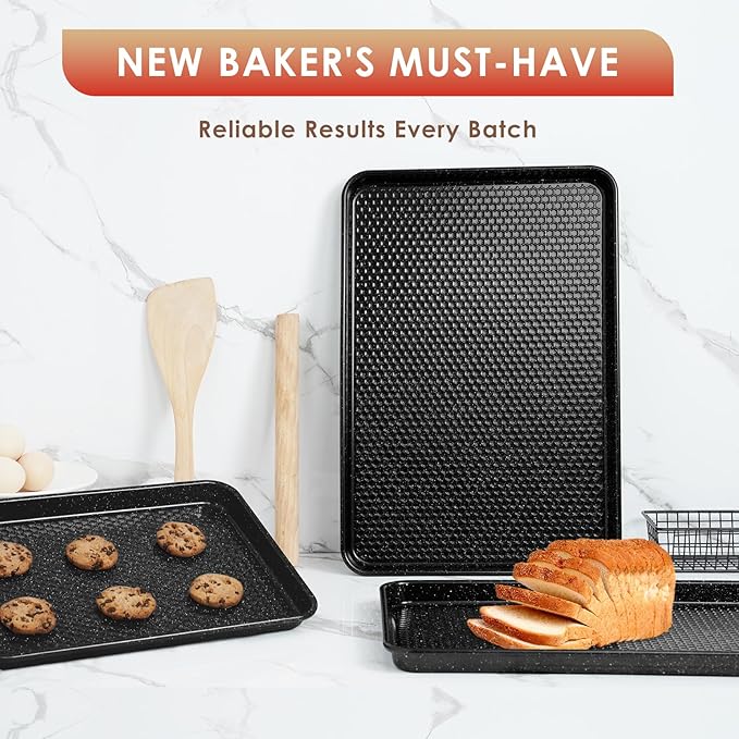 Baking Sheet Pan Set of 3, Nonstick Carbon Steel Cookie Sheets with Texture, Commercial Half/Quarter/Jelly Roll Pans Replacement Toaster Oven Tray, Heavy Duty & Easy Clean, Black - Image 7