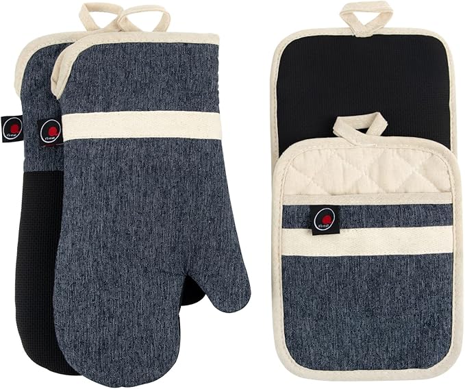 Oven Mitts and PotHolders Sets, 4 Pcs Kitchen Oven Glove High Heat Resistant 400°F Pot Holders for Kitchen, Non-Slip Neoprene Oven Mitts are Suitable for Cooking, Baking (Black) by Firstall