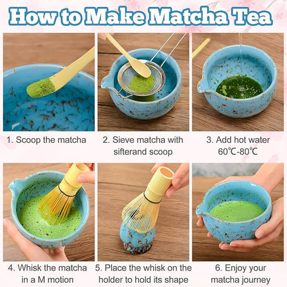 Matcha Whisk Set - Microwave Safe Ceramic Bowl with Spout, BPA-Free Japanese Matcha Kit with Holder & Stainless Steel Sifter, 4 PCS Gift Set