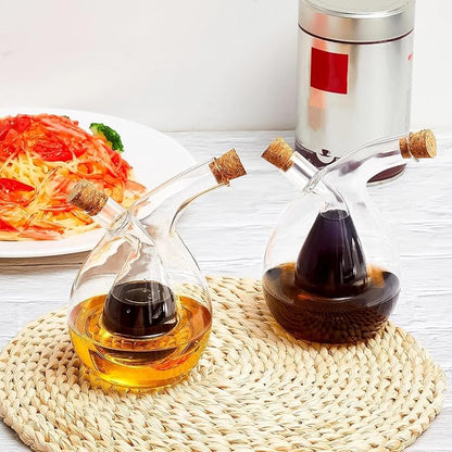 Suclain 2 Pcs Oil and Vinegar Dispenser, 2 in 1 Glass Olive Oil and Vinegar Cruet Dispenser Bottle, Olive Soy Sauce Dispenser Double Pourer Spout, Kitchen Cooking Container(Classic)