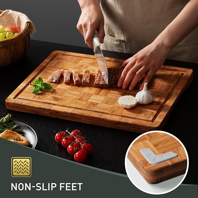 3 Pack Heavy Duty Bamboo Cutting Board Set Non Toxic Wooden Cutting Board for Kitchen Non Slip Solid End Grain Thick Wood Juice Groove Chopping Board Extra Large Butcher Block Best House Warming Gift - Image 2