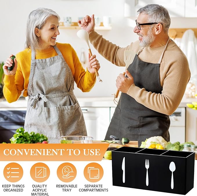 Suzile Acrylic Cutlery Storage Organizer Bin Silverware Caddy Countertop Knife Spoon and Fork Holder Kitchen 3 Section Tableware Storage Box for Cabinet Indoor Home Flatware Dining Room (Black,M) - Image 5