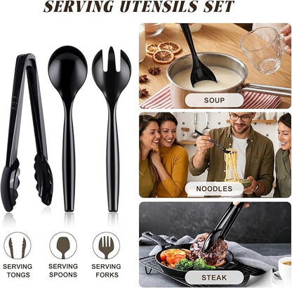Mwellewm 18Pcs Serving Utensils, 10'' Plastic Serving Utensils Set, Disposable Serving Spoons for Buffet, Large Serving Tongs for Food, Heavy Duty Party Supplies for Salad Soup Cooking Catering(Black)
