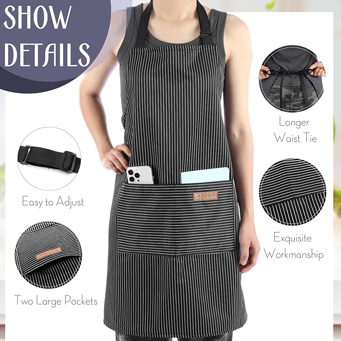 Handepo 12 Pcs Cotton Aprons for Women Men with Pockets Soft Adjustable Bib Stripe Aprons for Cooking Kitchen Chef - Image 3