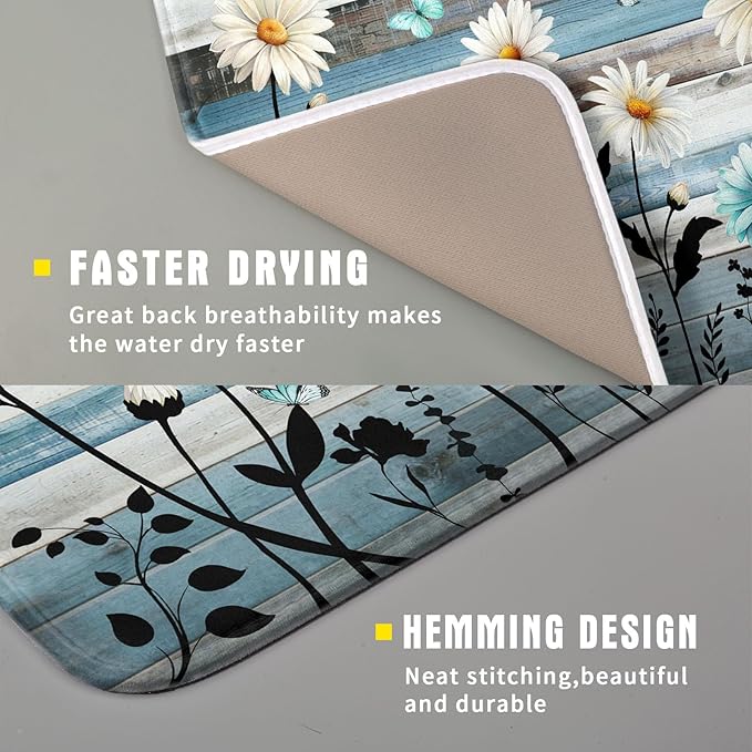 Blue White Daisy Floral Dish Drying Mat for Kitchen Counter,Sprinng Rustic Wood Drying Mat 16 x18 Inch with Absorbent Reversible Microfiber Drying Pad for Coffee Bar - Image 3