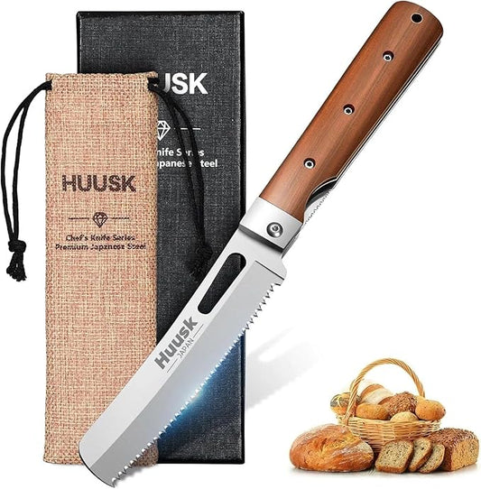 HUUSK Folding Bread Knife for Homemade Bread, Portable Bread Knives with Wide Wavy Edge for Steak, Tomato, Japanese Pocket Knife with 440C Stainless Steel for Cooking, Christmas Gift for Men and Women