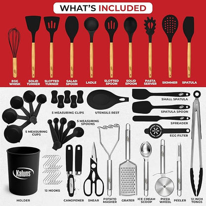Kaluns 50 PCS Silicone Kitchen Utensils Set Complete Kitchen Set - 800°F Heat Resistant Non-Stick Premium Cooking Utensils W Wooden Handles - Can Opener, Masher, Turner, Silicone Spatula Set - Image 3