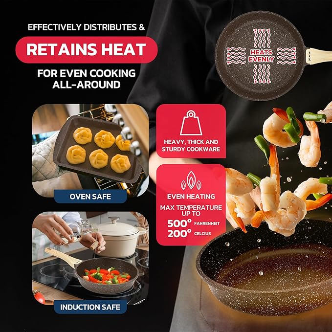 Bakken Master 20 Piece Cookware Set - Pots and Pans with Handle Grips and Tempered Glass Lids, With 6-piece Bakeware Set, Nonstick Granite Coating, Ceramic Max Temperature (Up To 500°F), Brown Marble - Image 6