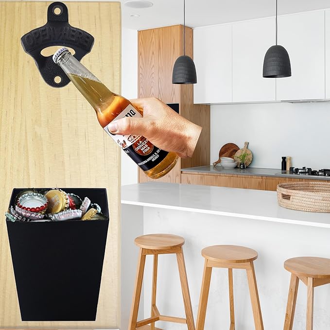 Satin Black Cast Iron Bottle Opener Wall Mounted with Bottle Cap Catcher Narrow - Image 4