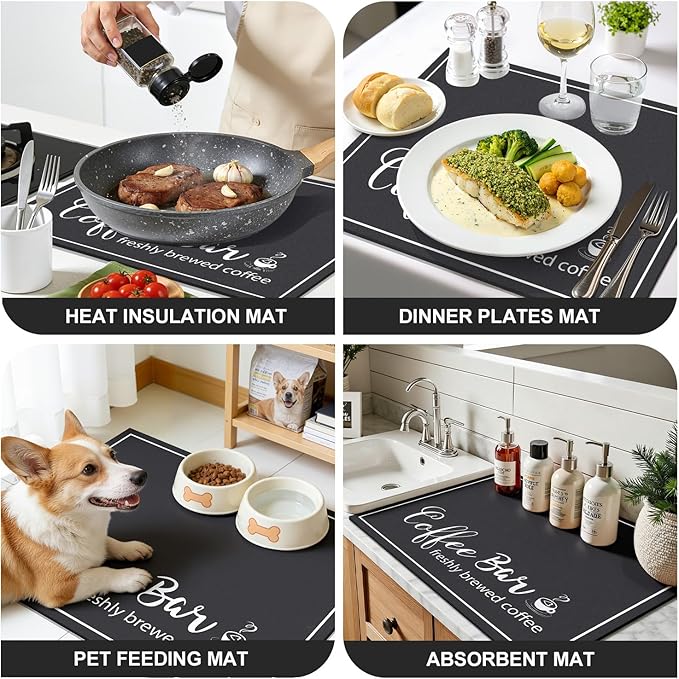 Findosom Dish Drying Mat, 16" x 18" Super Absorbent & Hide Stain Coffee Mat, Cuttable Drying Mat for Kitchen Counter, Coffee Bar Accessories, Under Dish Rack, Coffee Maker, Espresso Machine, Black - Image 8