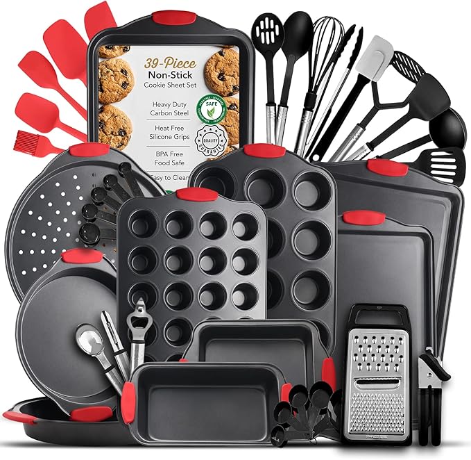 Baking Pan Set, 39 Piece Premium Baking Set, Nonstick Bakeware Sets BPA Free, Cookie Sheets for Baking Nonstick Set, Steel Baking Sheets for Oven with Muffin Pan, Cake Pan & Black Kitchen Utensils by Eatex