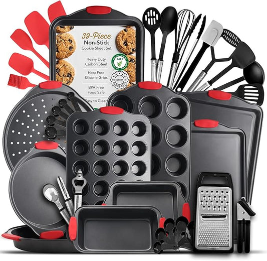 Baking Pan Set, 39 Piece Premium Baking Set, Nonstick Bakeware Sets BPA Free, Cookie Sheets for Baking Nonstick Set, Steel Baking Sheets for Oven with Muffin Pan, Cake Pan & Black Kitchen Utensils by Eatex