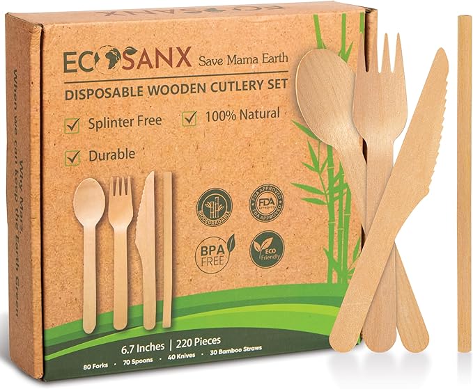 Bamboo Cutlery Set - Wooden Utensils for Eating - Disposable Wooden Cutlery set of 220 (80 Forks 70 Spoons 40 Knives 30 Straws) Bamboo Disposable Utensils - ECO Friendly Compostable Utensil for Party by ECOSANX