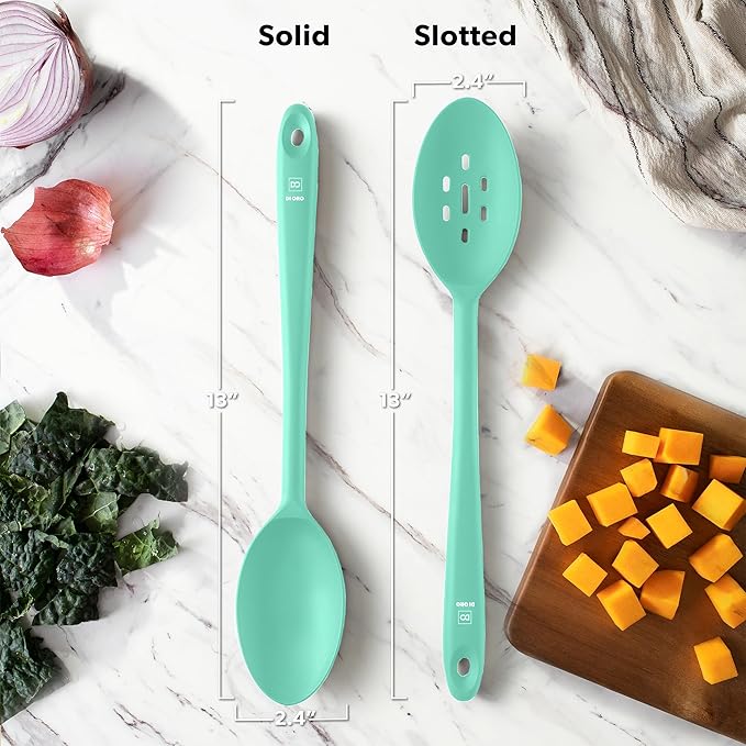 DI ORO Silicone Spoons for Cooking - Large Kitchen Spoons for Mixing, Serving, & Stirring - 600°F Heat-Resistant Non Stick Utensils – Big Solid & Slotted Basting Spoons - Dishwasher Safe (2pc, Mint) - Image 6