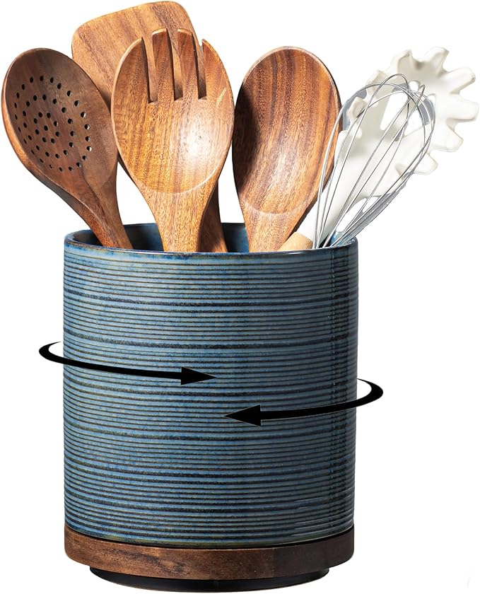 Utensil Holder, 360° Rotating Extra Large Ceramic Kitchen Utensil Holder for Countertop, 7.3“ Cooking Utensil Crocks for Kitchen Counter with Rotatable Wooden Base, Farmhouse Decor, Dusty Blue by MIKIGEY