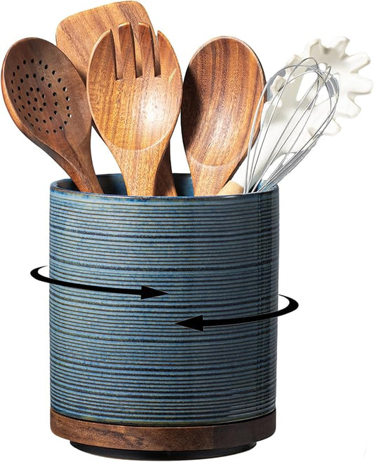 Utensil Holder, 360° Rotating Extra Large Ceramic Kitchen Utensil Holder for Countertop, 7.3“ Cooking Utensil Crocks for Kitchen Counter with Rotatable Wooden Base, Farmhouse Decor, Dusty Blue by MIKIGEY