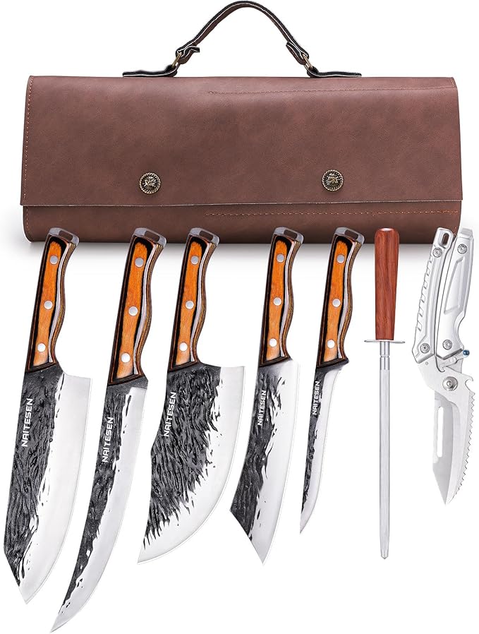 Naitesen 7PCS Hand Forged Butcher Knife and Kitchen Knife 2 in 1 Set with Roll Bag, Heavy Duty Meat Cleaver Serbian Chef Knife Breaking Knife Boning Knife for Meat Cutting BBQ Gifts for Men Women by Naitesen