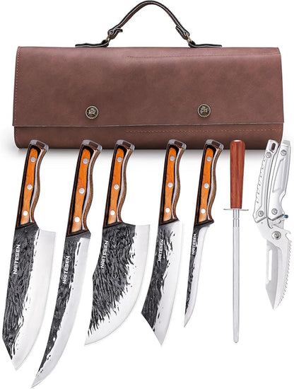 Naitesen 7PCS Hand Forged Butcher Knife and Kitchen Knife 2 in 1 Set with Roll Bag, Heavy Duty Meat Cleaver Serbian Chef Knife Breaking Knife Boning Knife for Meat Cutting BBQ Gifts for Men Women by Naitesen