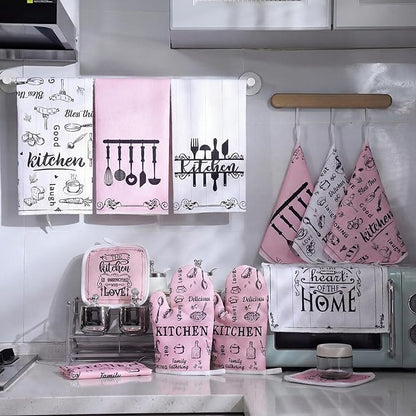 12 Pcs Farmhouse Pink Kitchen Decorations Sets 4 Pink and White Kitchen Towels 4 Absorbent Dishcloths 2 Pot Holders 2 Oven Mitts Gloves for Home Decorations Mom Gifts
