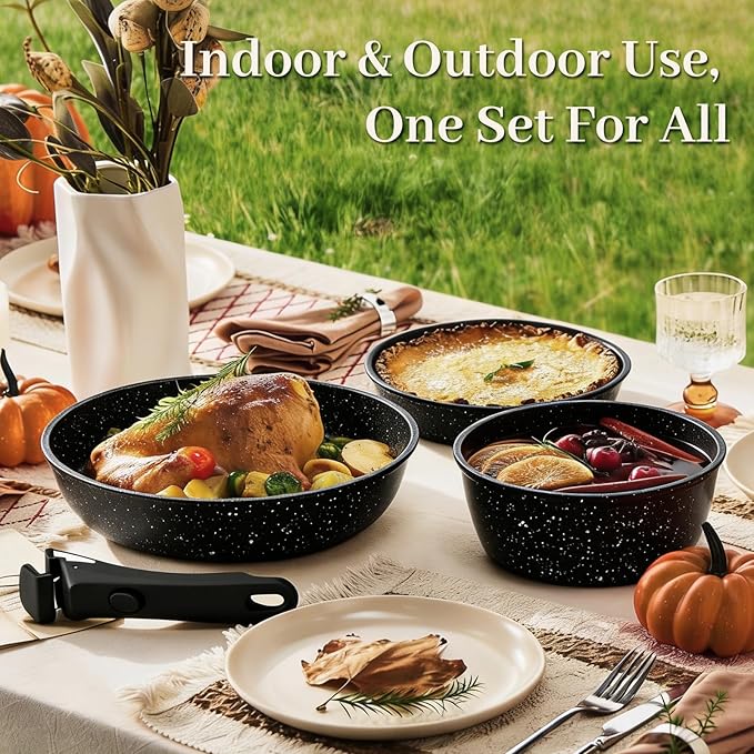 Pots and Pans Set - Non Stick 25 Pieces Cookware Set Pots and Pans with Detachable Handles, Includes Pans, Pots, Utensils, Trivets for Hot Dishes, Lids, Space-Saving Cookware - Image 8