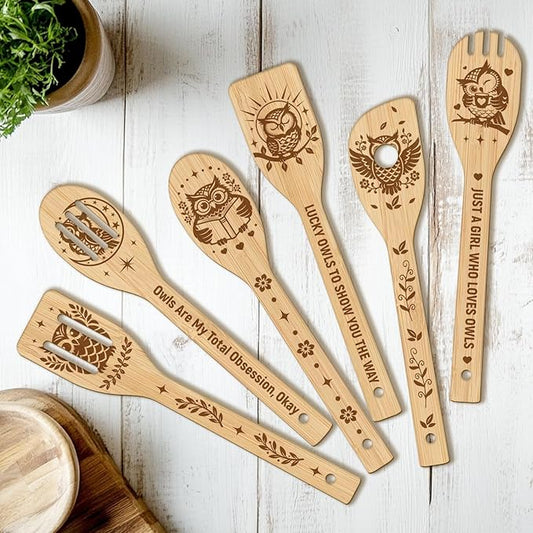 CUTHOLLOW 6PCS Owls Wooden Kitchen Cooking Utensil Set, 11.9in Non Toxic Bamboo Wood Spoon Set for Cooking, Best Housewarming Birthday Thanksgiving Christmas Gift for Women Mother