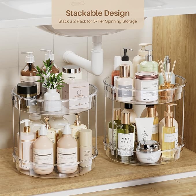 LAMU 12inch 2 Tier Lazy Susan Turntable Organizer Rotating Spice Rack Organization for Cabinet, Kitchen, Pantry, Countertop, Bathroom, Vanity, Medicine Cabinet Organizer, Clear - Image 2