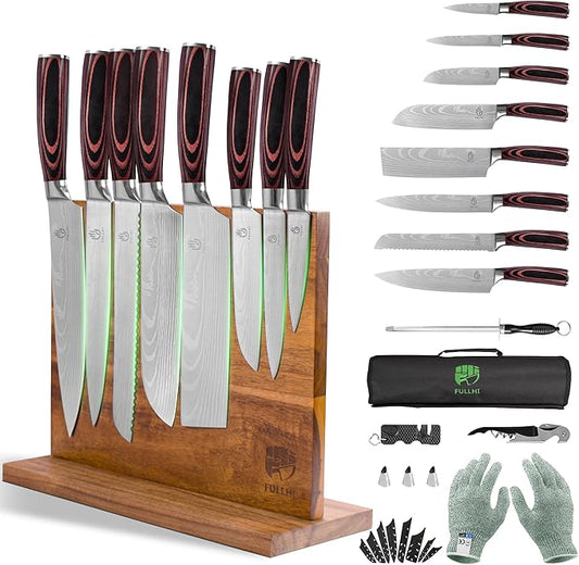 FULLHI 15pcs Japanese Knife Set with Magnetic Knife Block Holder, Japan Stainless Steel Blades, Ergonomic Handles for Professional and Home Cooking（Coffee wood, Magnetic Block Knife Set)