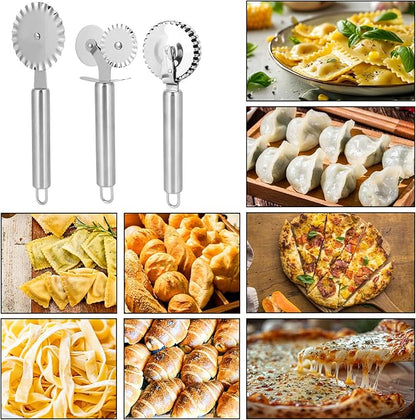 3pcs Pastry Wheel Cutter Set, Stainless Steel Ravioli Pizza Cutter Wheel & Fluted Pasta Crimper with Ergonomic Handle for Dough Pie Kitchen Tools Accessories Supplies (Silver)