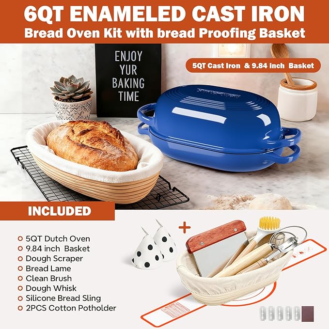 Enameled Cast Iron Dutch Oven for Bread Baking - incl. Sourdough Bread-Baking Supplies like Banneton Bread-Proofing Basket - 5QT Loaf Cast Iron Bread Oven Pan with Lid Meatloaf Pan with Lid, Sour Sough Tools, Lame(Blue） - Image 3